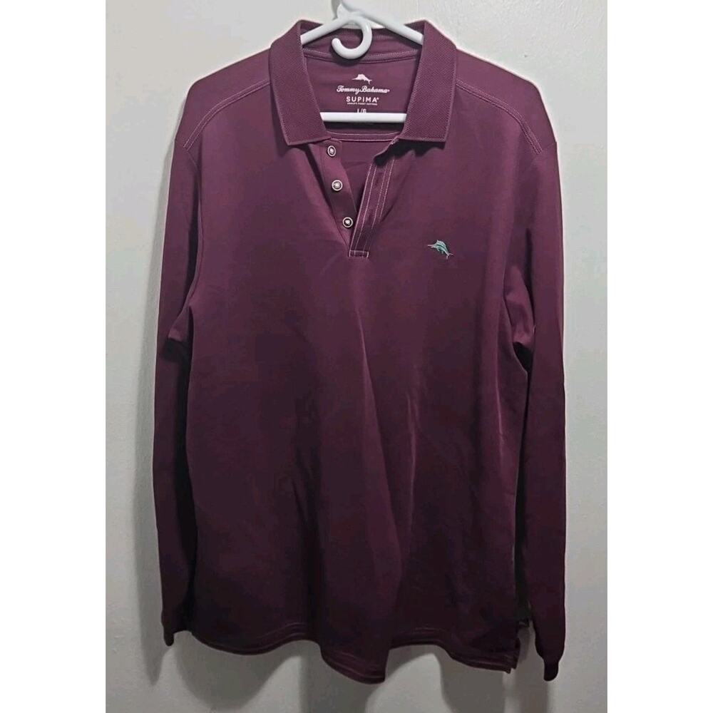 Tommy Bahama Supima Long Sleeve Large Golf Shirt Embroidered Logo Maroon
